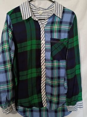 aerie  Women Mixed Plaid Button-Down Shirt in Green & Blue with Striped Trim S/P